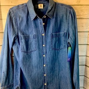 Remade Denim Top Size L Blue Button Down Top New Jean Button Up Shirt New